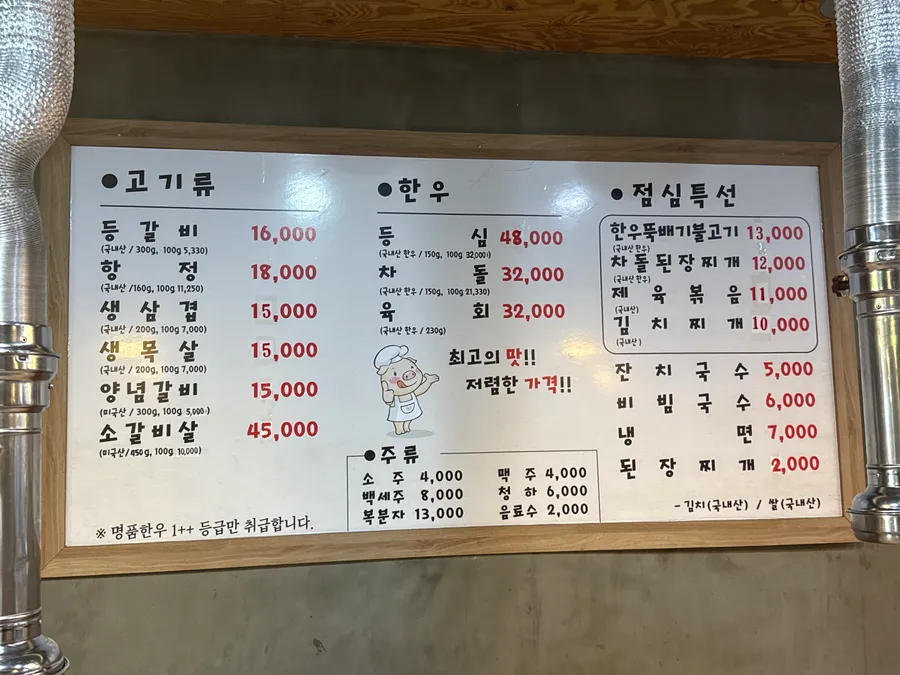 중앙정육점식당 메뉴판