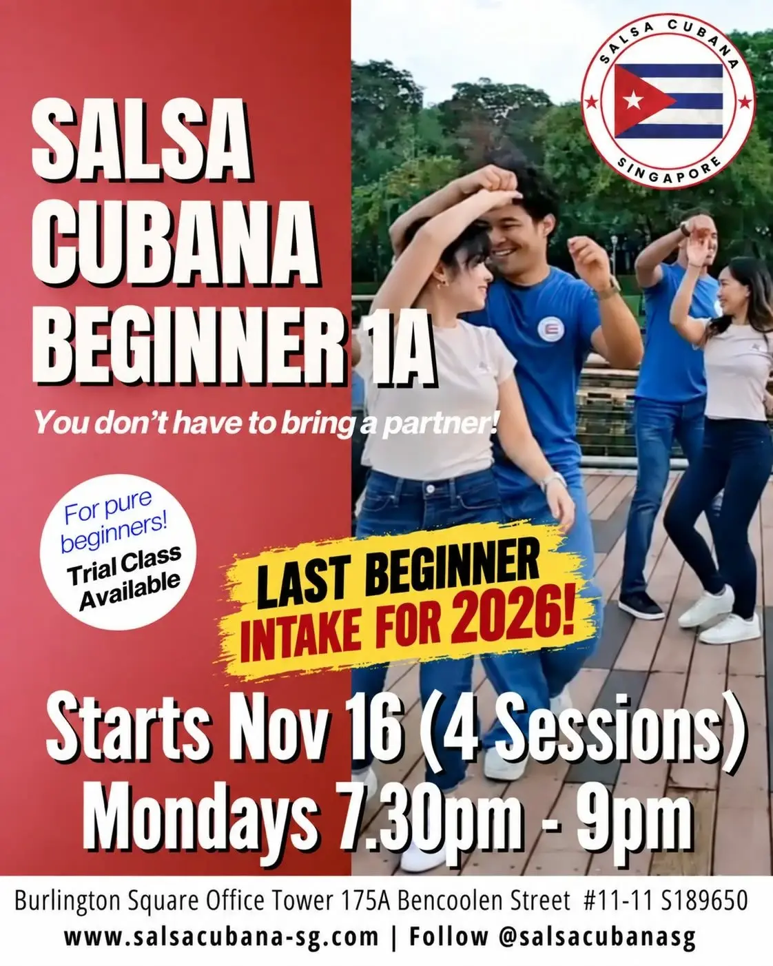 싱가포르 Salsa Cubana Beginner 1A | 2026년 마지막 입문반 · 11월 16일 시작